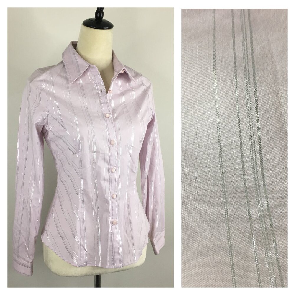 NWT WANKO Light Purple Silver Glitter Striped Long Sleeve Stretch Button Shirt